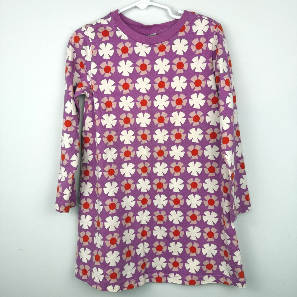 Hanna Andersson Dress Girls 5 Purple Floral Scandi‎ Mod Retro Long Sleeve Cotton